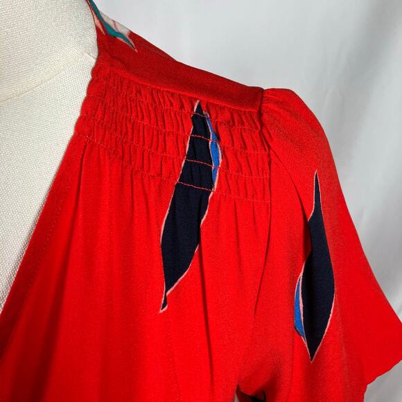 A‎ New Day Red Floral Wrap Midi Dress XS Blue Pink Tie Waist Short Sleeve New - Picture 4 of 16